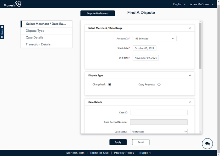 The Find A Dispute screen, with the Merchant Account Selector and Date Range selector